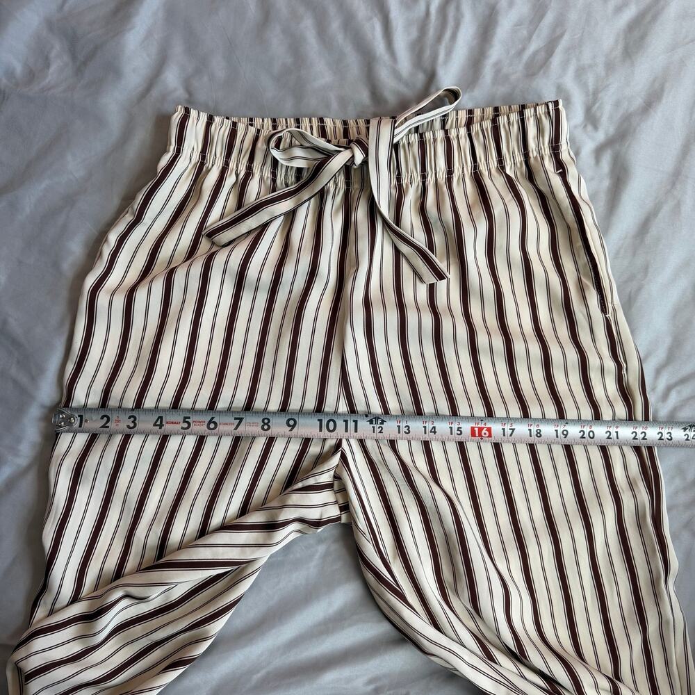 H&M Cream Brown Striped Wide Leg Pants Women's Medium Pull On Drawstring Palazzo - Picture 8 of 10